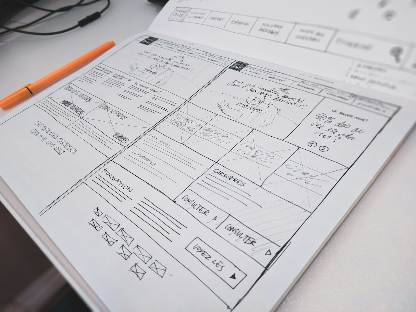Taccuino con wireframe di siti web e schizzi su una scrivania.